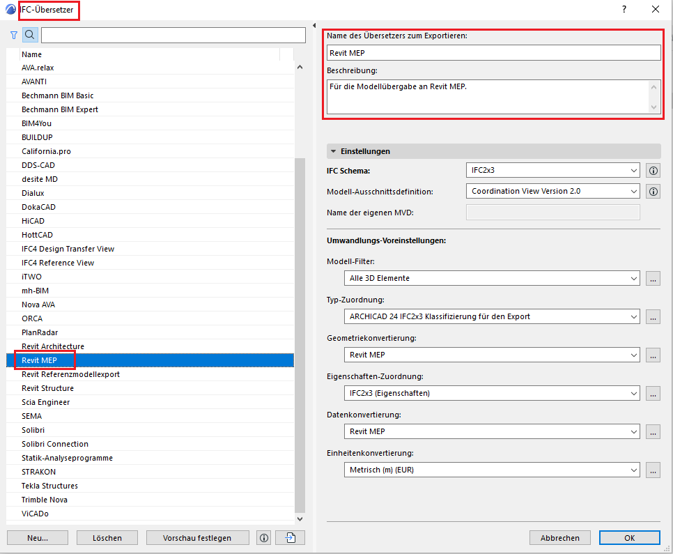 IFC-Export aus ArchiCAD für Revit-MEP
